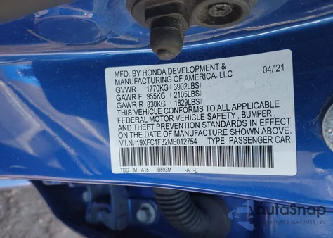 2021 Honda Civic Ex z USA, uszkodzony, nr VIN 19XFC1F32MEO12754